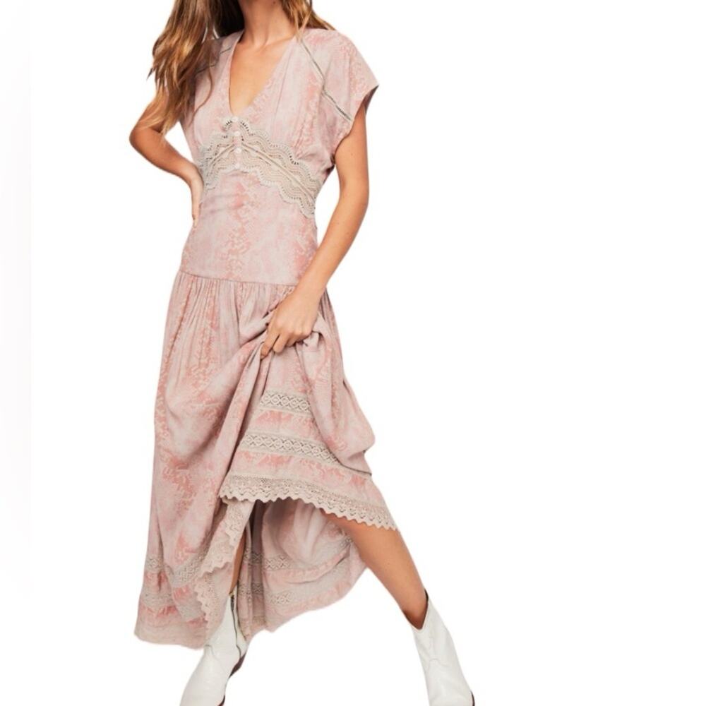 Free People NWOTs Prairie Flower Dusty Rose a pink Gray Lace Trim Maxi Dress 4